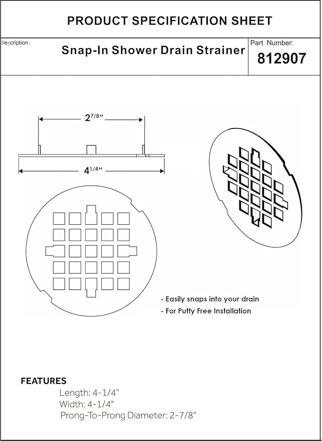 Artiwell 4-1/4” OD Snap-in Shower Drain Cover, Round Shower Drain Strainer Grid, Replacement Cover, Designed for Long-Lasting