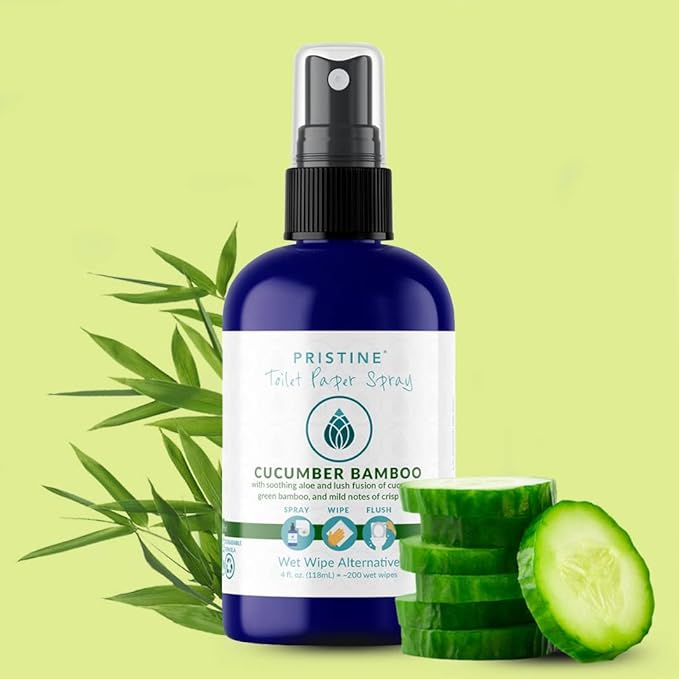 PRISTINE Toilet Paper Spray, As Seen on Shark Tank, More Natural Personal Cleansing Wipes & Flushable Wet Wipes Alternative, Spray Toilet Paper to Create Flushable Wipe, Cucumber Bamboo, 4 fl oz