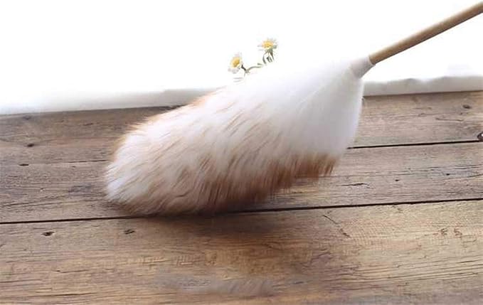 Lambswool Duster with Solid Wooden Handle, Flexible, Good Grips, Anti-Static, Feather Duster for Domestic and Professional Cleaning(A)