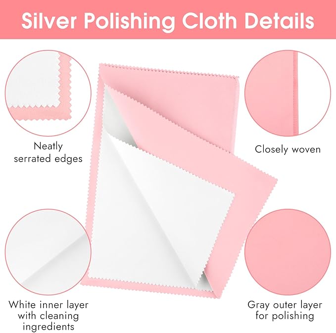 3 Pcs Silver Polishing Cloth, Large 10" X 12.5" Jewelry Cleaner Cloth, Soft Jewelry Polishing Cloth, Four-Layer Double-Sided Silver Cleaning Cloth for Gold, Silver, Diamond, Platinum Jewelry, Pink