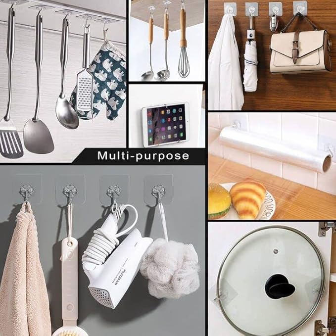 ZESLMG Adhesive Wall Hooks for Hanging, 48 Pack Self Sticky Hooks Heavy Duty 22lb Clear, Removable Shower Hook No Damage for Towel Key Coat Wreath Picture Outdoor Ceiling Bathroom Kitchen, Waterproof