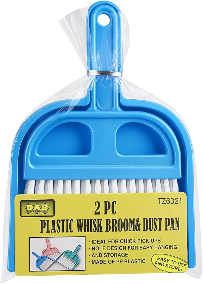 DAB 6" x 5" Mini Whisk Broom and Dustpan | Dustpan & 8.5" (21.6 cm) Broom | Vibrant Green, Blue, Pink Designs