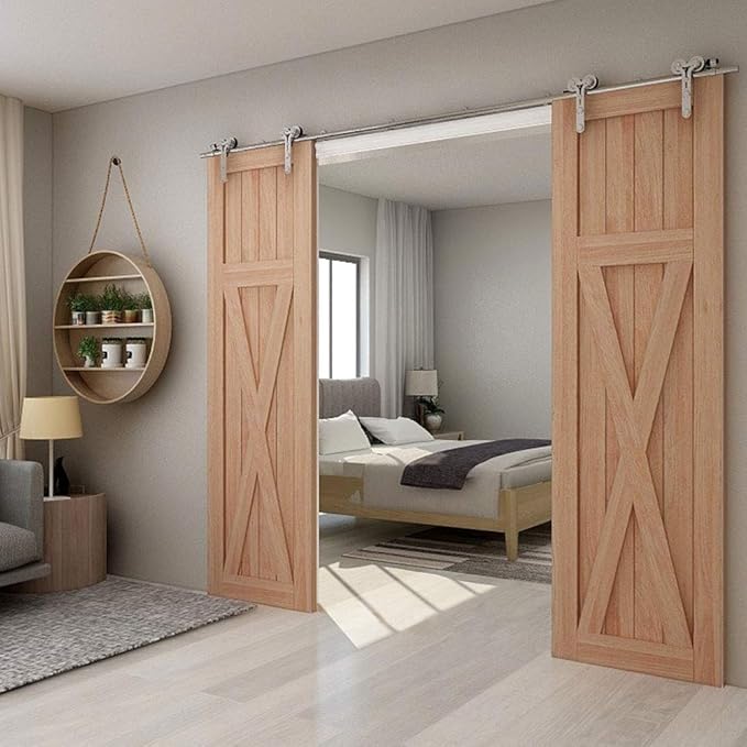 TSMST 10FT Sliding Barn Door Hardware Kit, Stainless Steel Heavy Duty Sturdy Barn Door Track for Double Wood Door, Slide Smoothly Quietly (Y Style)