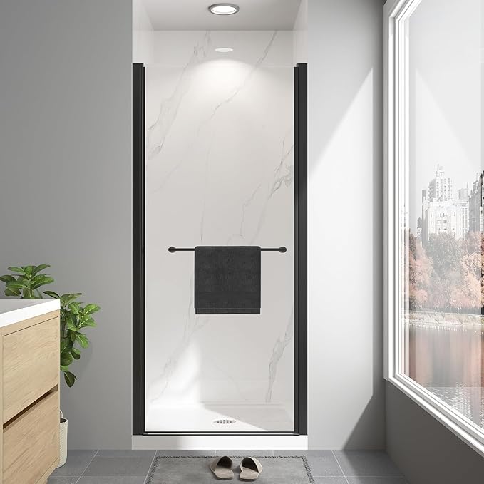 Frameless Pivot Shower Door 36"-38" W x 72" H, Swing Shower Glass Doors with Nano Explosion-Proof Film Tempered Glass 1/4"(6mm) Reversible Installtion,Matte Black Finish