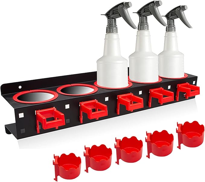 Spray Bottle Storage Rack with Extra Abrasive Holder, Wall Mount Hanging Rail Car Beauty Shop Accessory Display Auto Cleaning Detailing Tools Hanger Bottle Organizer