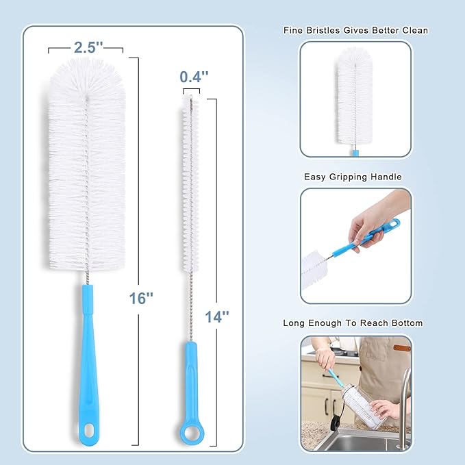 16" Bottle Brush Cleaner for Water Bottle - Long Handle Bottle Brush for Cleaning Narrow Neck Sport Bottles,Beer Bottle and Jugs, Set of 2