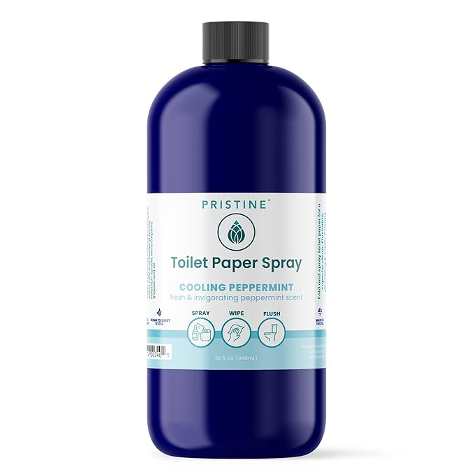 PRISTINE Sprays Toilet Paper Spray, Cooling Peppermint, Flushable Wet Wipe Alternative, pH Balanced, 4 oz, 1 oz Travel Size, 32 oz Refill