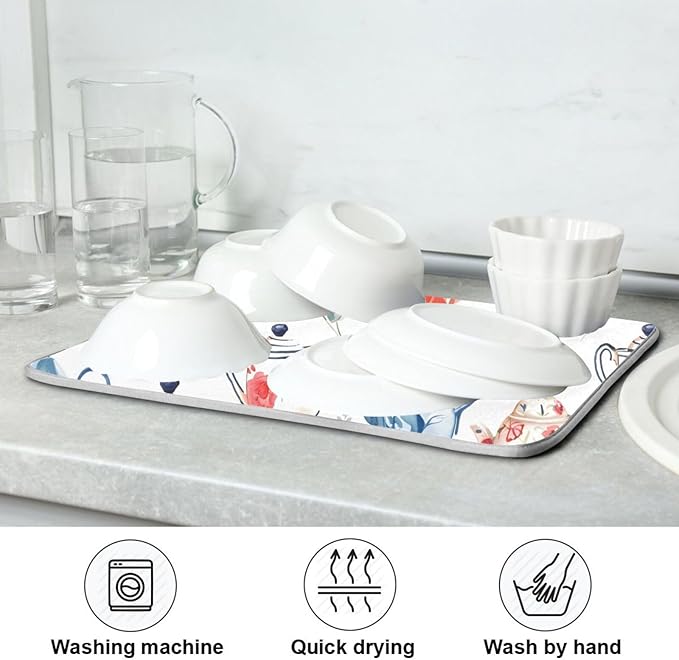 Watercolor Tea Cups Teapots Dish Drying Mat for Kitchen Counter Absorbent Microfiber Drying Pad, Large 18x24 in, Reversible Drainer Mats