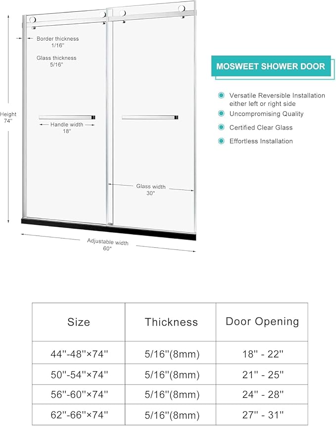 Milano Double Sliding Shower Door, 56-60" W x 74" H Framed Shower Door 5/16"(8mm) Clear SGCC Tempered Glass, 18 inch Pull Handle, Stainless Steel Hardware, Brushed Nickel