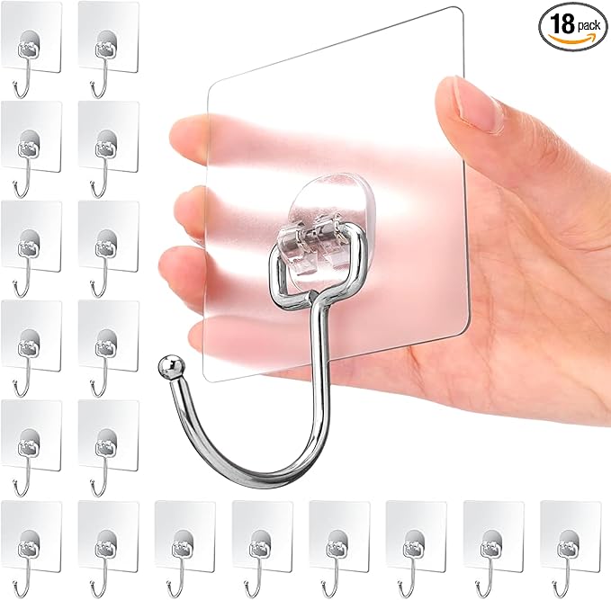 Adhesive Hooks for Hanging, Wall Hooks Self Adhesive Towel Coat Waterproof Transparent Hook for Bathroom Shower Kitchen Keys Door Outdoor Home Improvement Utility Hook 18 Pack Hold 40 lb(Max)