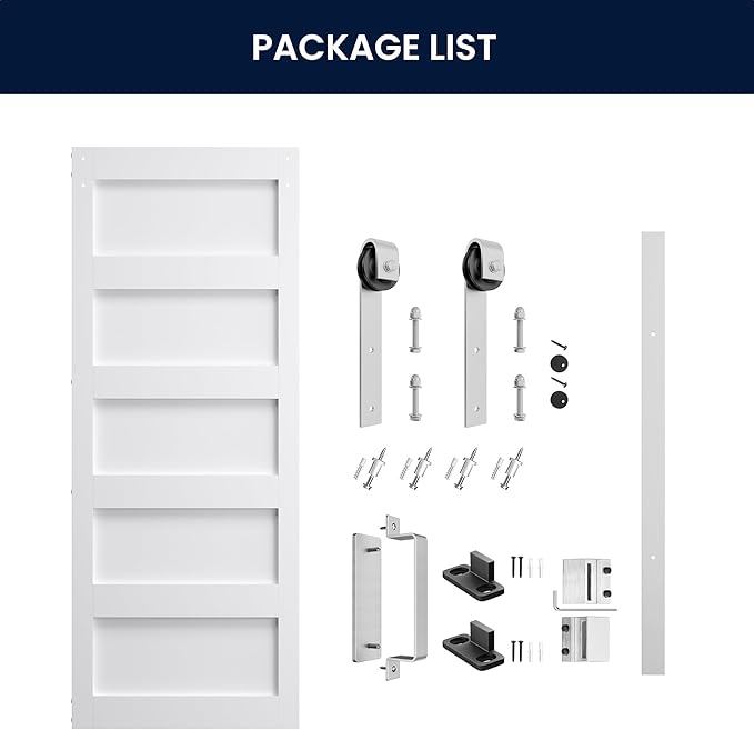 SmartStandard 32x84 inch White Barn Door with 6FT Brushed Nickel Sliding Door Hardware Track Kit Included, Solid MDF Slab, Waterproof PVC Surface, 5-Panel, Suitable for Openings up to 30in x 82in