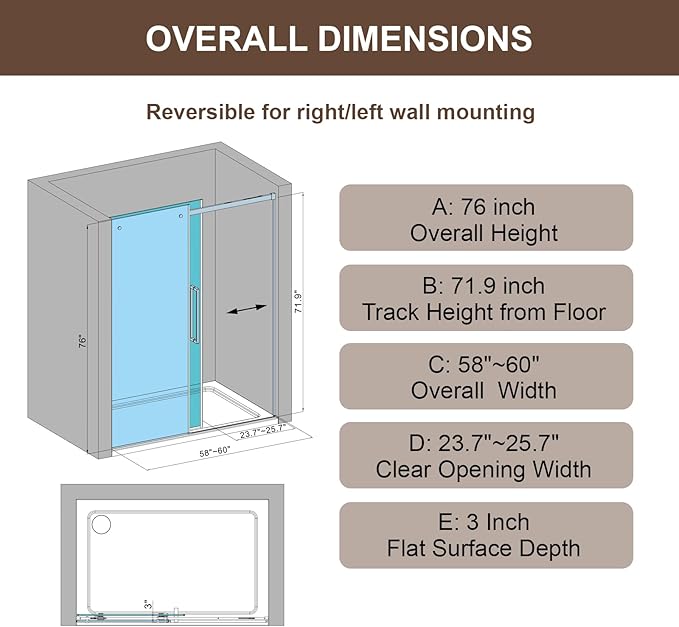 Luxury Soft-Closed Frameless Sliding Shower Door, 58–60” W x 76” H, 3/8" (10mm) Tempered Glass, Nano Coating, 304 Stainless Steel, Premium Quiet Close System - Matte Black