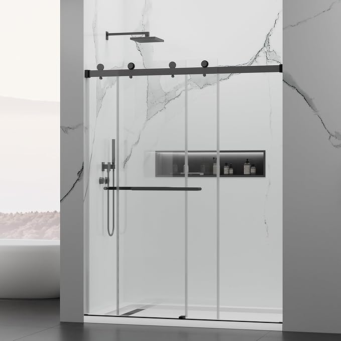 56-60 in. W x 76 in. H Double Sliding Frameless Shower Door, 5/16" (8mm) Tempered Glass with Double Nano Coating, Easy-to-Clean Bathroom Glass Door （Matte Black）