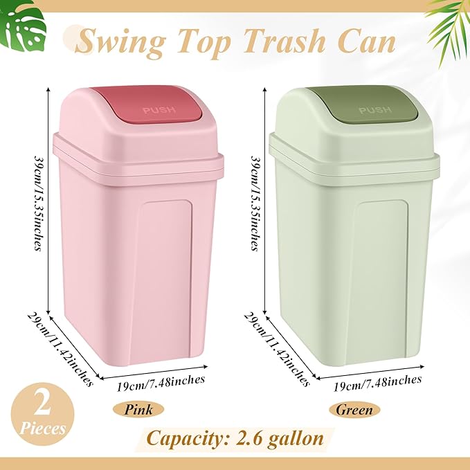 Sumind 2 Pcs 2.6 Gallon Bathroom Trash Can with Swing Lid Small Garbage Can Plastic Bathroom Trashcan Garbage Bin for Kitchen Waste Bedroom Room Outdoor (Green and Pink)