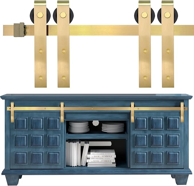 Rio Salto Mini Barn Door Hardware Kit Gold Double Cabinet Sliding Barn Door Track Set Small Hardware Set TV Stands Wardrobe Gold 5FT Track Kit NO Cabinet