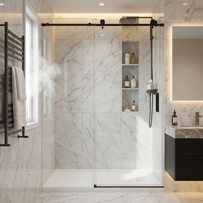Sliding Shower Door, 44-48" W x 72" H Aluminum Alloy Frame, Adjustable Double 6mm (1/4") SGCC Tempered Glass Panels with Matte Black Square Track, Bypass Space-Saving Design