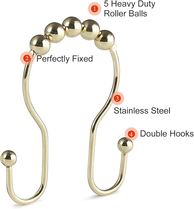 Goowin Shower Curtain Hooks, 12 Pcs Shower Curtain Rings, Stainless Steel Gold Shower Curtain Hooks, Rust Proof Shower Curtain Hangers, Smooth Sliding Anti-Drop Shower Rings for Curtain (Gold)