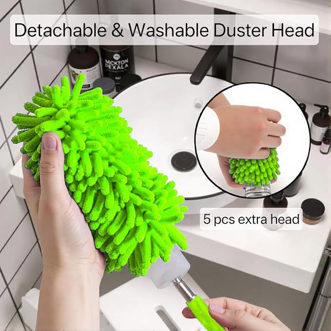 Microfiber Duster for Cleaning,6 Pcs Hand Washable Dusters with 11" to 29.5" Reachable Pole,Small Dusters for Cleaning Office Car Computer Furniture Sofa Ceiling Fan (Green)
