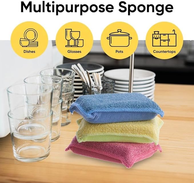 Miracle Microfiber Sponges for Kitchen, Kosher Non-Scratch Sponge Scrubber Heavy Duty Multi-Purpose Cleaning of Dishes, Pots, Pans, and Counter Tops, Machine Washable (6 Pack)