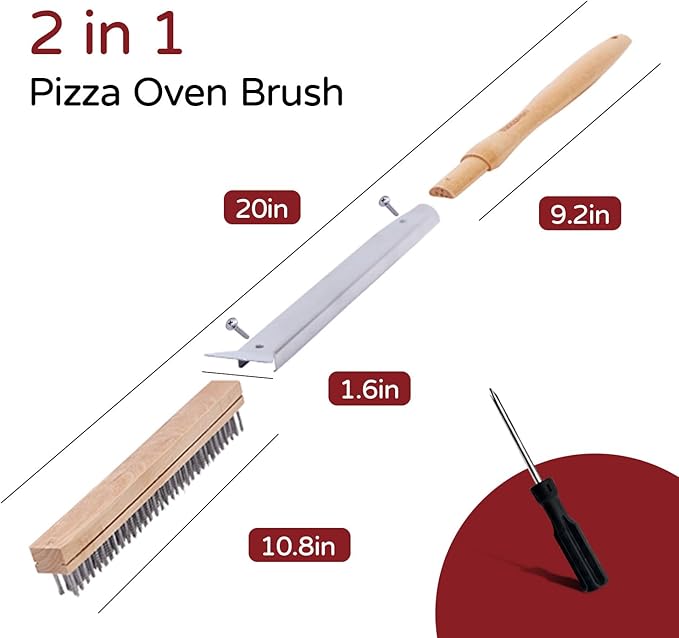 Pizza Oven Brush, 20 Inch Grill Cleaning Brush with Scraper, Heat Resistant Stainless Steel Bristles, Beech Wood Handle, 2 in 1 Pizza Stones Brush, Ourdoor pizza oven accessories