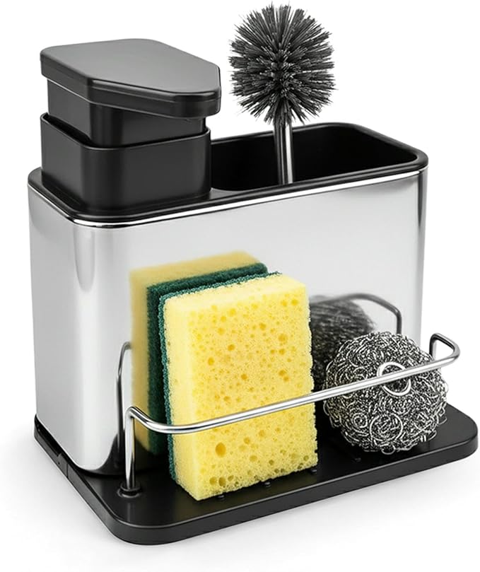 Soap Dispenser for Kitchen Sink, Stainless Steel 3-in-1 Sponge Holder for Kitchen Sink, Dish Soap Dispenser with Sponge Holder Rustproof Dishwashing Brush Holders