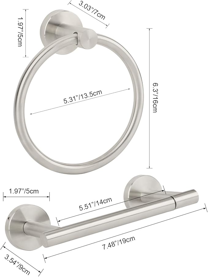 Brushed Nickel Toilet Paper Holder Set, Stainless Steel Towel Ring, Double Post Pivoting Toilet Paper Holder and Hand Towel Holder Set for Bathroom, Bathroom Hardware Accessories Set