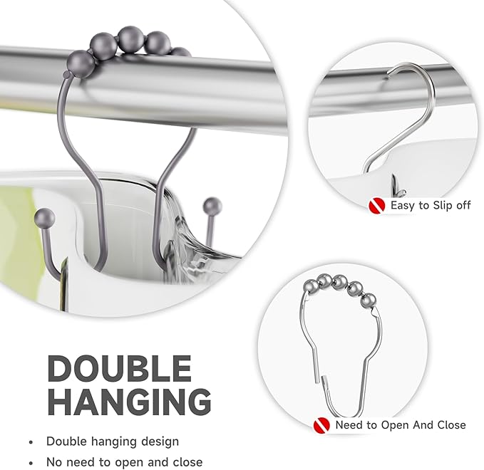 Shower Curtain Hooks, Shower Curtain Rings Rust Proof Double Hook Shower Curtain Hooks, 12 Pcs Grey Shower Hooks for Shower Curtain, Shower Rings for Curtain, Metal Shower Rod Hooks