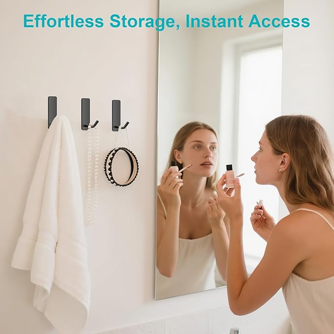 Small Self Adhesive Hooks for Walls No Damage, 6-Pack Stainless Steel Stick on Hooks for Hanging Towel Key Hat Bag Jewelry, Sticky Hangers for Kitchen Bathroom Door (Black(10pcs))