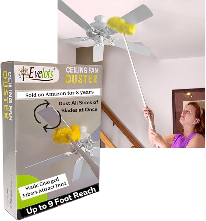 Evelots Ceiling Fan Blade Brush Cleaner - Long Extension Pole - Brush Both Sides at The Same Time - Scratch Resistant Microfiber Feather Cobweb Duster - Extra Long with Reach up to 9 Feet