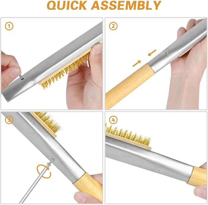 Pizza Oven Brush, 26" Brush and Stainless Steel Scraper for Pizza Stone, BBQ Grill Cleaning Brush Non Scratch Heat Proof Brass Bristles with Screwdriver, Outdoor Pizza Oven and Accessories