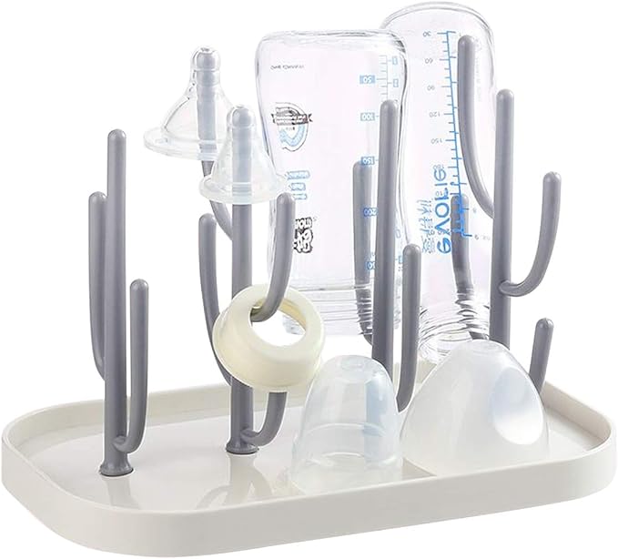 FEOOWV Baby Bottle Drying Rack with Base, Creative Tree Branch Baby Bottle Dryer Holder for Bottles, Teats, Cups, Pump Parts and Accessories (Gray)