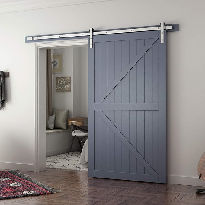 SMARTSTANDARD 8 Feet Brushed Nickel Sliding Barn Hardware Kit-Sturdy Silvery Track-Smoothly and Quietly-Simple and Easy to Install-Fit 48" Wide Door Panel (I Shape Hanger)