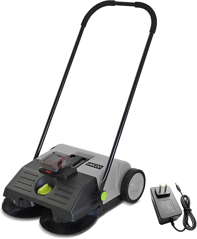 UNICOO® Electric Hand Push Floor Sweeper – Battery Powered Walk-Behind Sweeper with Dual Brush Rollers, 23" Sweeping Width & 6.6 Gallon Waste Bin – Indoor/Outdoor Push Sweeper (Gray)