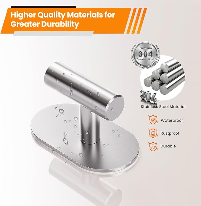Silver Adhesive Hooks Heavy Duty, Wall Hooks for Shower, Bathroom, Towel, Coat, Robe, Stainless Steel Hooks for Hanging, Waterproof & Rustproof Sticky Hooks for Walls No Damage- 4 Pack