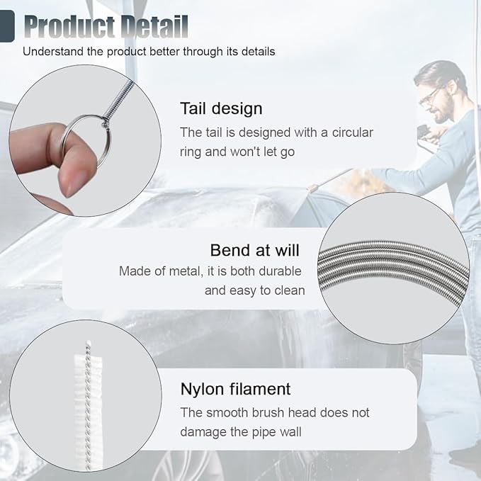 Long Drain Wire Brush, 60 Inch Flexible Pipe Tube Brush, Nylon Stainless Steel Sunroof Drain Cleaning Tool & Straw Cleaning Brush for Home, Kitchen, Fish Tank, Water Pump Accessories