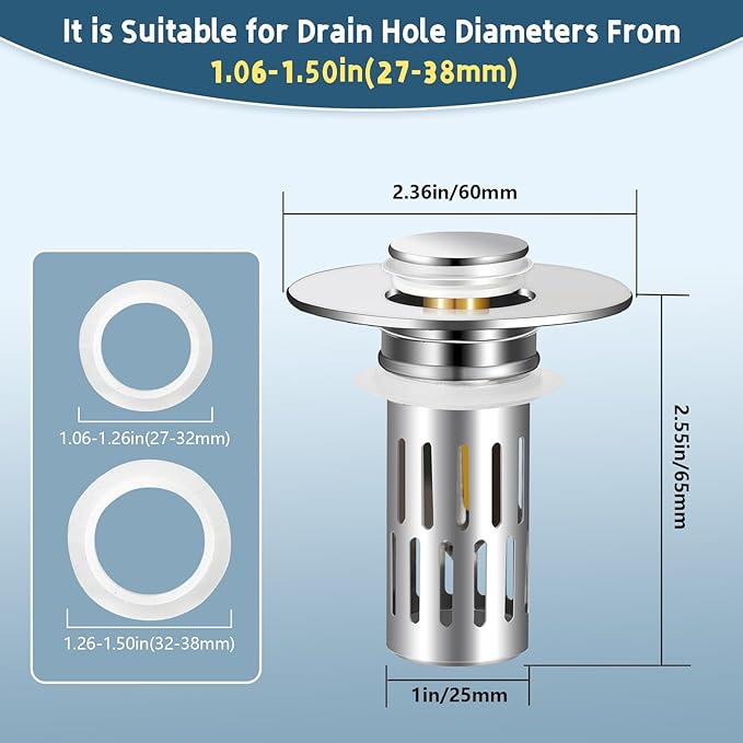 2 Pack Bathroom Sink Stopper for 1.06-1.50in, Universal Bathroom Sink Drain Pop Up Stopper for US Stainless Steel Floor Drain Filter, Universal Drain Filter with Hair Strainer(Silver)
