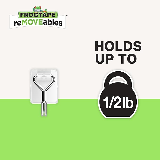 FrogTape reMOVEables Damage Free Adhesive Hook - Removable & Reusable Small Wire Wall Hooks for Hanging - No Nails - Includes 9 Hooks & 12 Adhesive Strips - Holds up to 0.5 lb - Clear (Pack of 9)