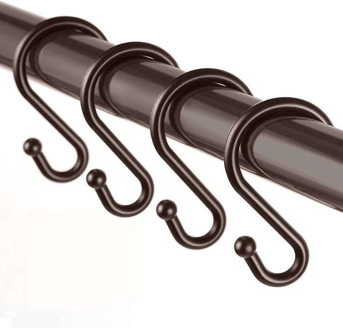 Metal Shower Curtain Hooks，Set of 12 Rings，Rust Resistant S Shaped Hooks Hangers for Shower Curtains, Kitchen Utensils, Clothing, Towels, etc. (Bronze)