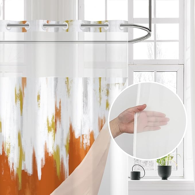 No Hook Shower Curtain with Snap in Liner, Hotel Style Burnt Orange White Gold Brush Strokes Art Modern Shower Curtain Waterpoof Washable with See Through Top Window,71"x86"