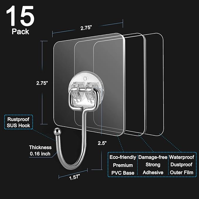 15 pack Large Adhesive Wall Hooks, Damage-Free Waterproof Rustproof 33Ib Max Heavy Duty Hanging Clear Seamless Sticky Utility Hooks, Towel Coat Hangers for Home, Kitchen, Bathroom (Round Head)