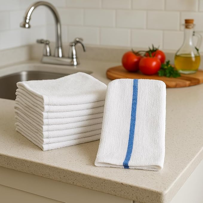 ZUPERIA Bar Mop Towels - 36 Pack (16"x19") - 100% Cotton High Absorbency Kitchen Towels – Reusable Dish Cloths, Quick-Dry Rags with Blue Stripe – Ideal for Restaurants, Cooks, Bartenders & Homes