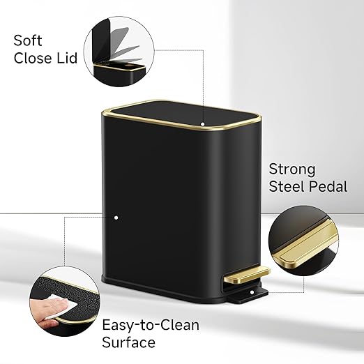 TIPGO Small Bathroom Trash Can with Lid Soft Close, Step Pedal, 5 Liter / 1.3 Gallon Stainless Steel Trash Bin, Slim Garbage Cans for Toilet, Office, Bedroom (Black)