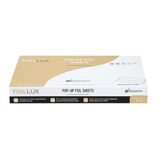 Restaurantware Lux Pop-Up Foil Sheets - 10.8 x 9 Inch, 100 Gold Embossed Aluminum Foil Papers, Greaseproof, Freezable & Oven Ready