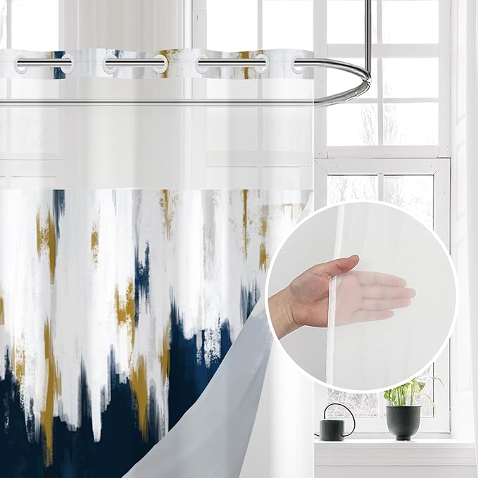 No Hook Shower Curtain with Snap in Liner, Hotel Style Navy Blue White Gold Brush Strokes Art Modern Shower Curtain Waterpoof Washable with See Through Top Window,71"x71"