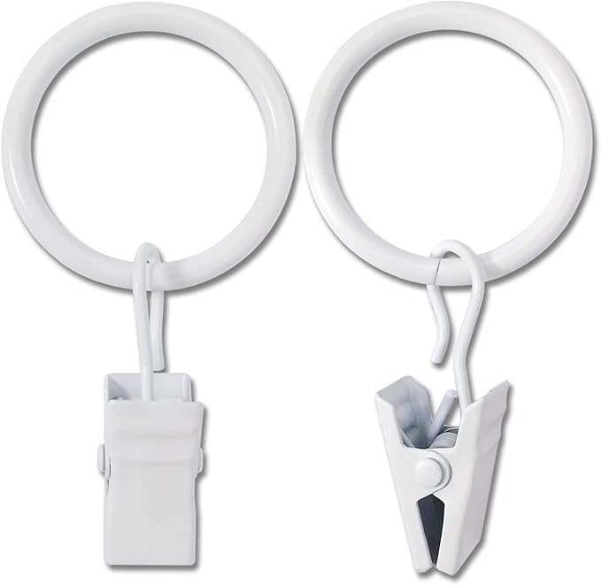44 Pack Metal Curtain Rings with Clips, Drapery Clips with Rings, Drapes Rings 1 inch Inner Diameter, Fits Diameter 5/8 inch Curtain Rods, White