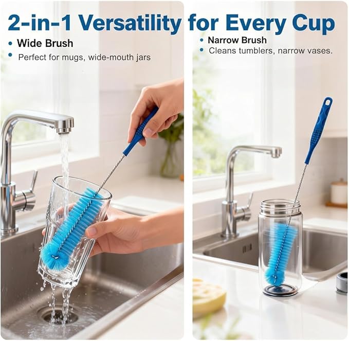 15.5 Inch Long Bottle Brush with 360° Rotating Head - Soft Bristles for Washing Glass, Narrow Neck Bottles, Wine Bottles, Vase, Hummingbird Feeder, Dishwasher Hose & Aquarium Tube, 2 Pack