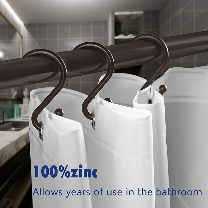 Metal Shower Curtain Hooks，Set of 12 Rings，Rust Resistant S Shaped Hooks Hangers for Shower Curtains, Kitchen Utensils, Clothing, Towels, etc. (Bronze)
