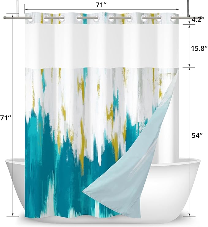 No Hook Shower Curtain with Snap in Liner, Hotel Style Teal Blue White Gold Brush Strokes Art Modern Shower Curtain Waterpoof Washable with See Through Top Window,71"x71"