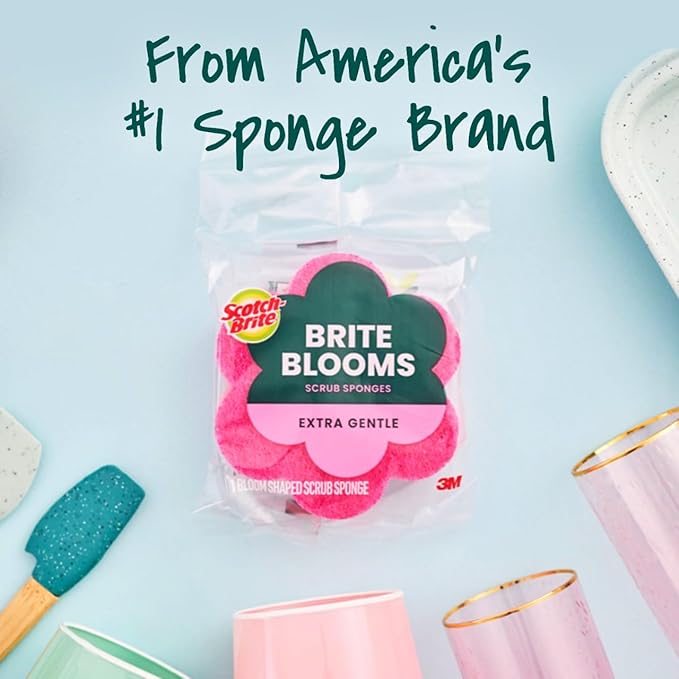 Scotch-Brite Brite Blooms Extra Gentle Scrub Sponge, Dishwasher-Safe Kitchen Sponge for Cleaning Delicate Surfaces, Pink Spring Flower Dish Sponges Made with 100% Recycled Fibers