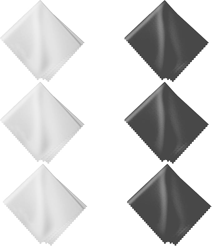 Microfiber Cleaning Cloths 6 Pack – 6x7 Inch Lint‑Free Lens & Screen Cleaner – Eyeglass Camera Phone Tablet TV Cloth – Reusable Scratch‑Free Streak‑Free – 3 Dark Grey & 3 White Individually Wrapped